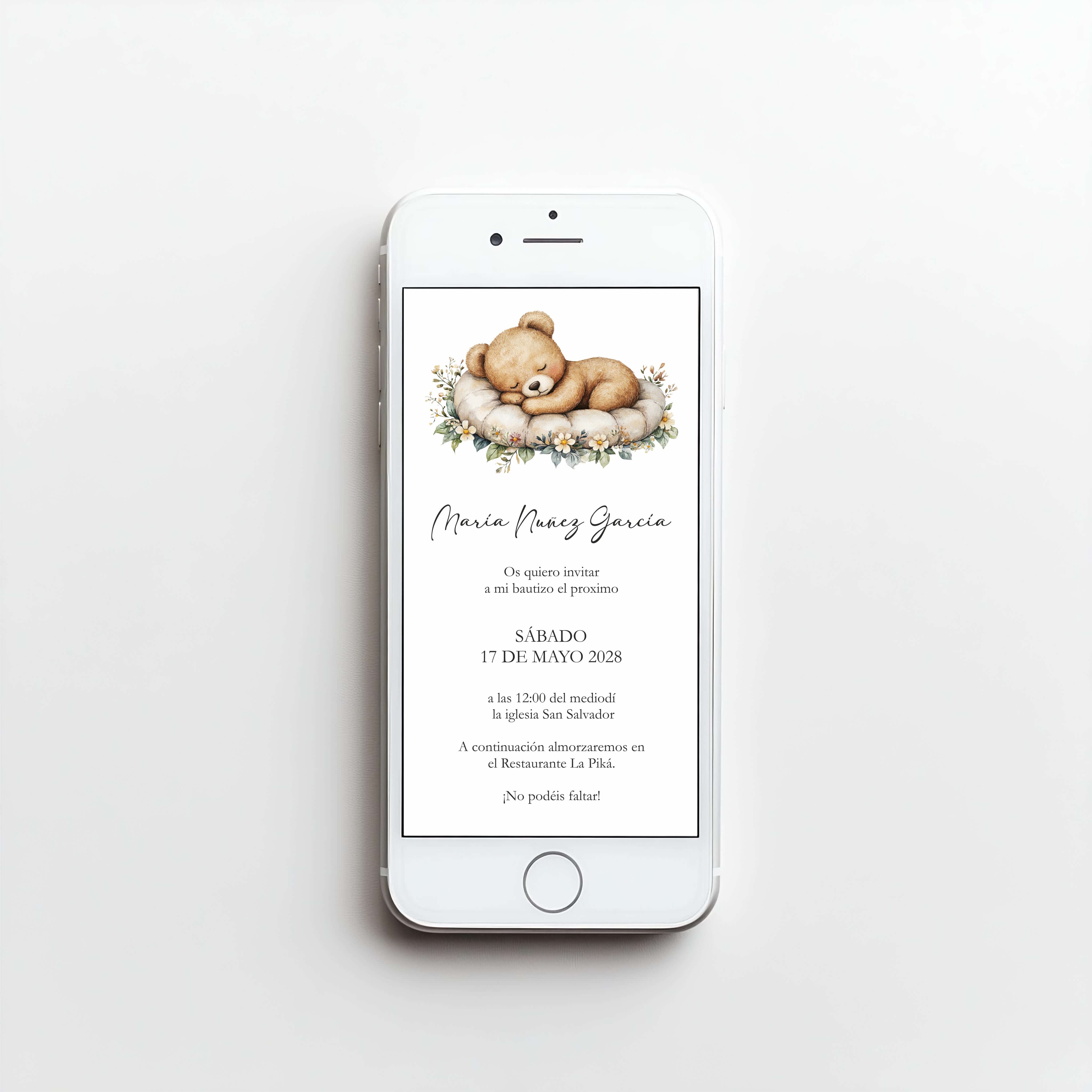 Invitación de Bautizo Digital - OSO DORMILÓN