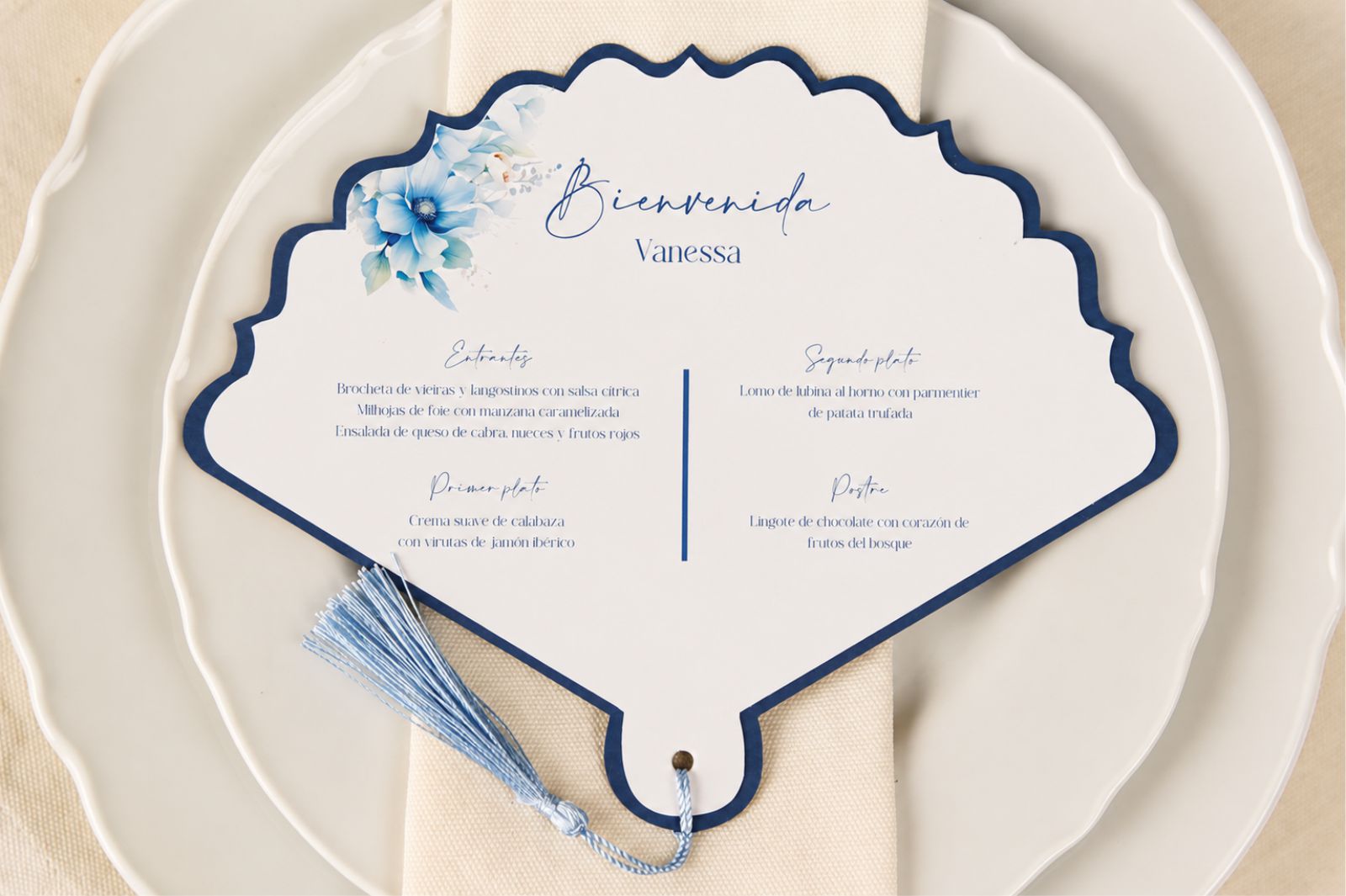 Abanico de boda con menú personalizado y dedicatoria - CELESTE