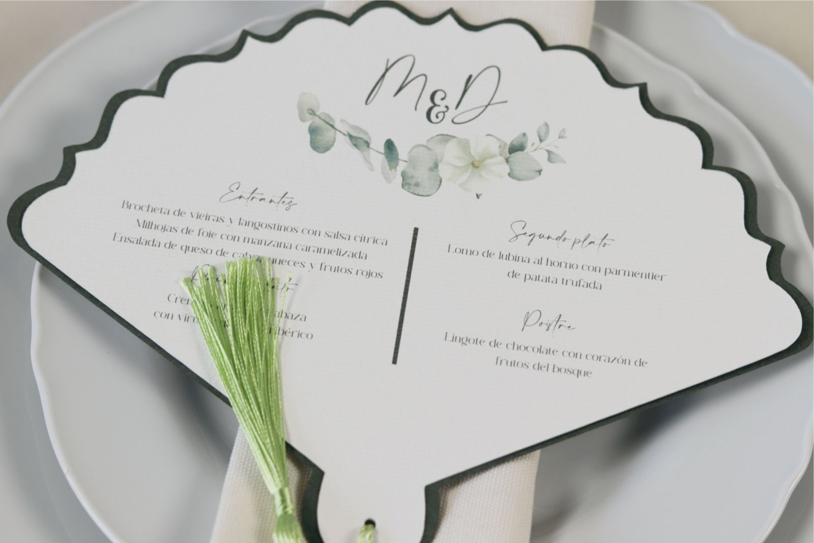 Abanico de boda con menú personalizado y dedicatoria - EUCALIPTO