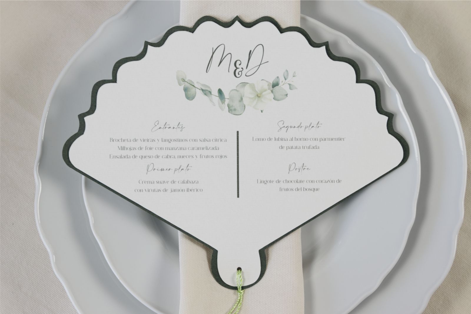 Abanico de boda con menú personalizado y dedicatoria - EUCALIPTO