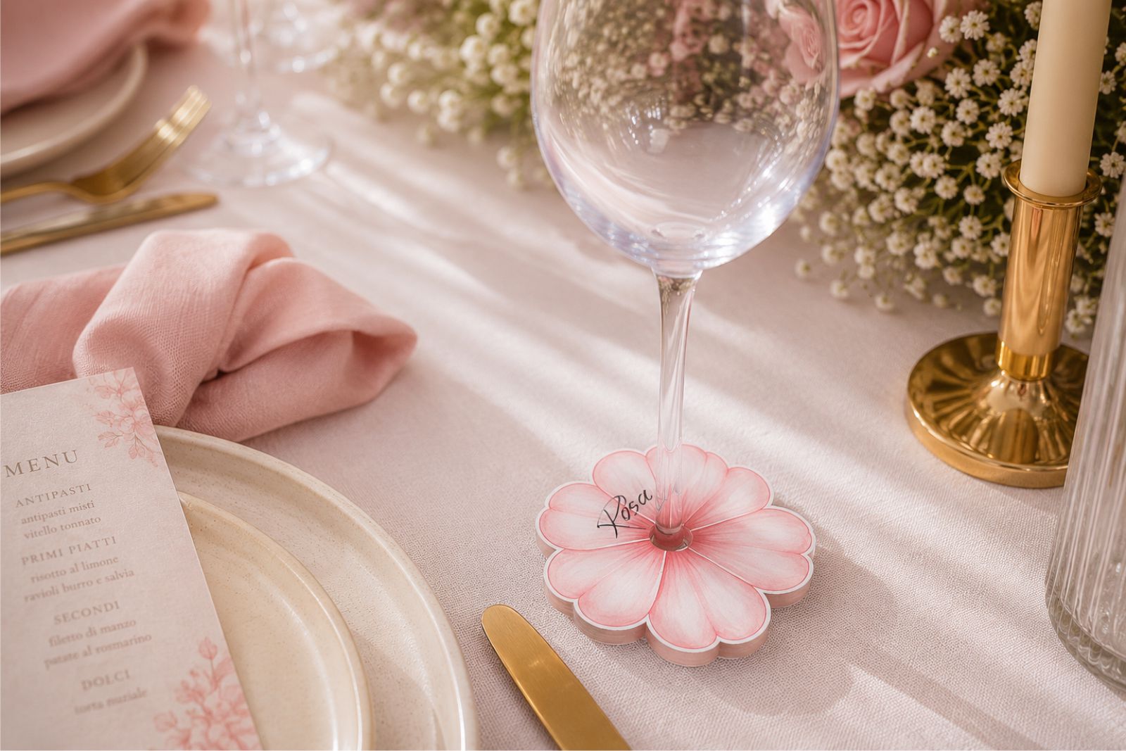 Marcacopas personalizados de flores para bodas