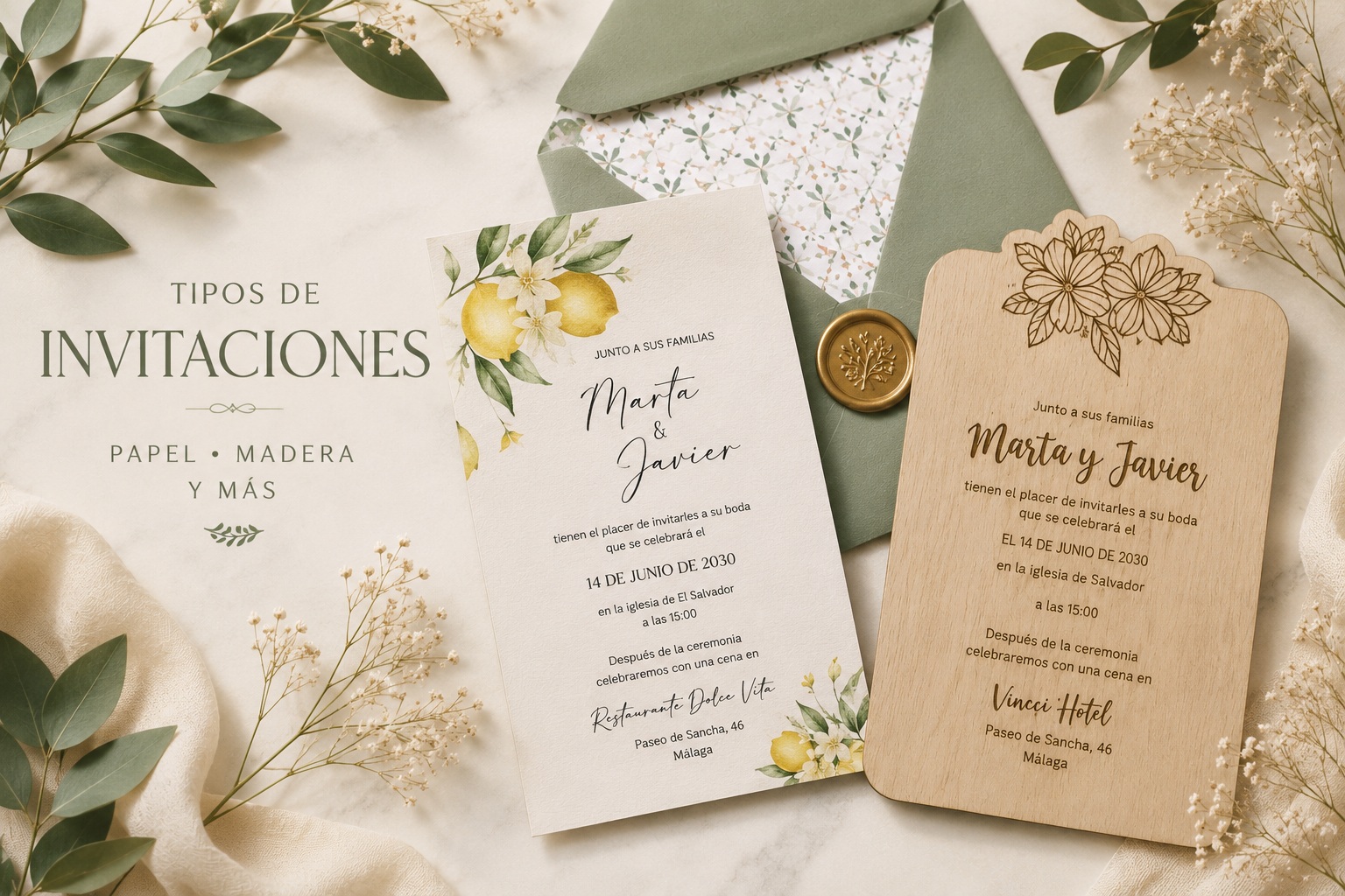 Papel o madera: cómo elegir las invitaciones de boda perfectas
