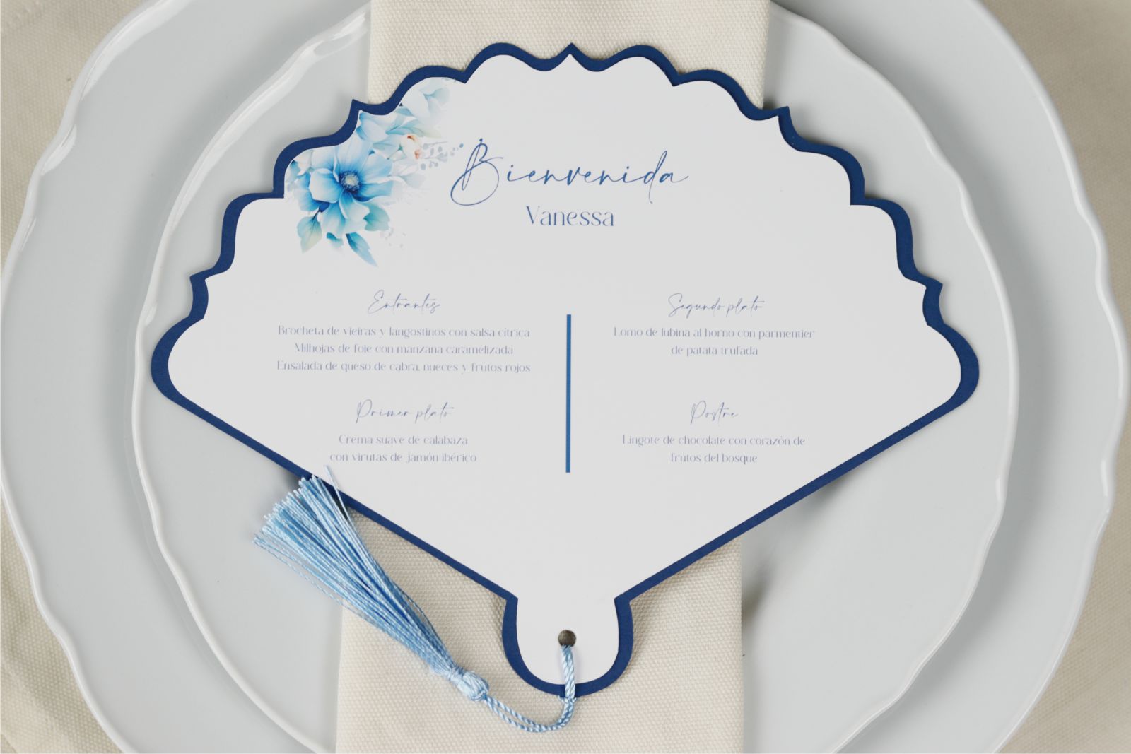 Abanico de boda con menú personalizado y dedicatoria - CELESTE
