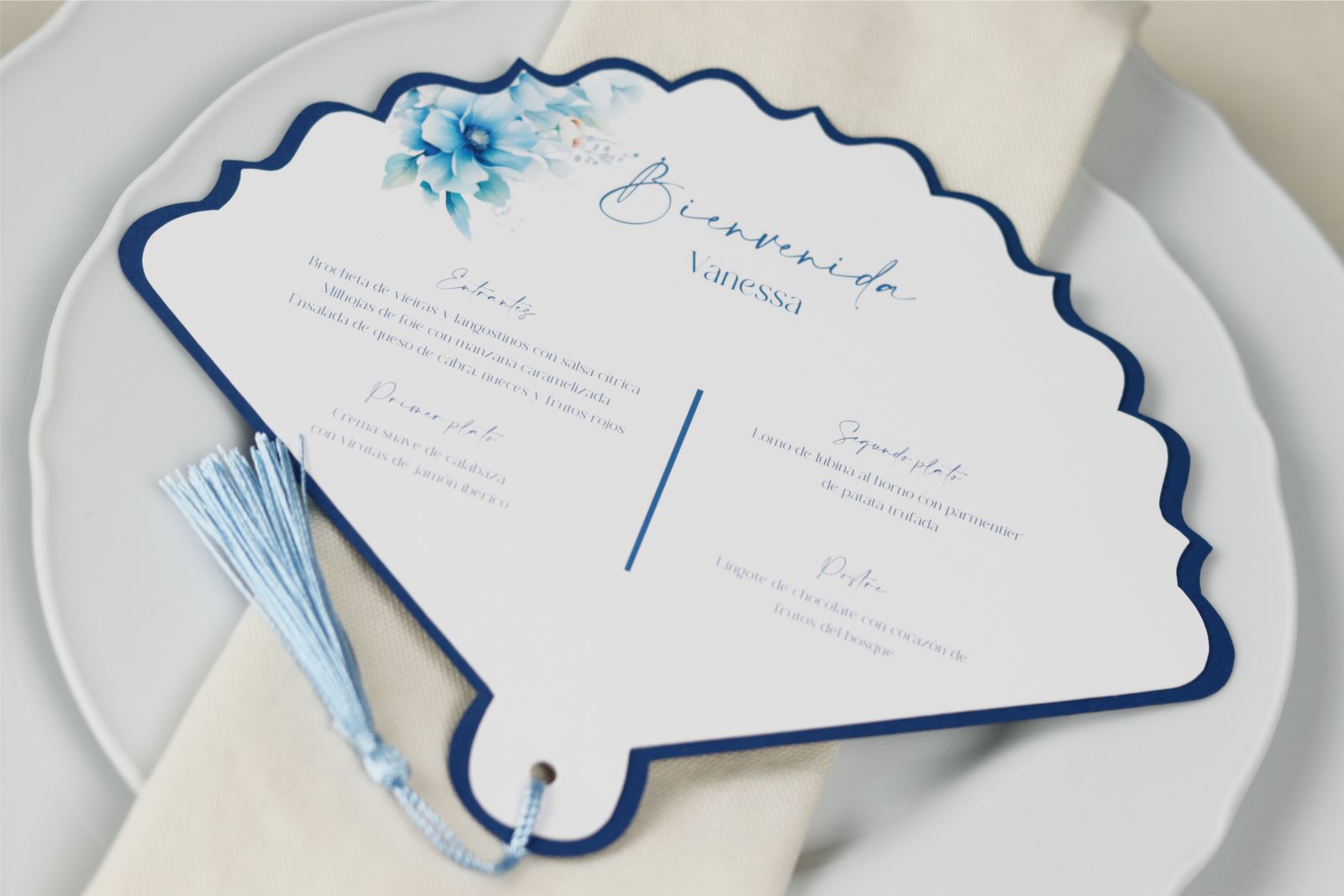 Abanico de boda con menú personalizado y dedicatoria - CELESTE