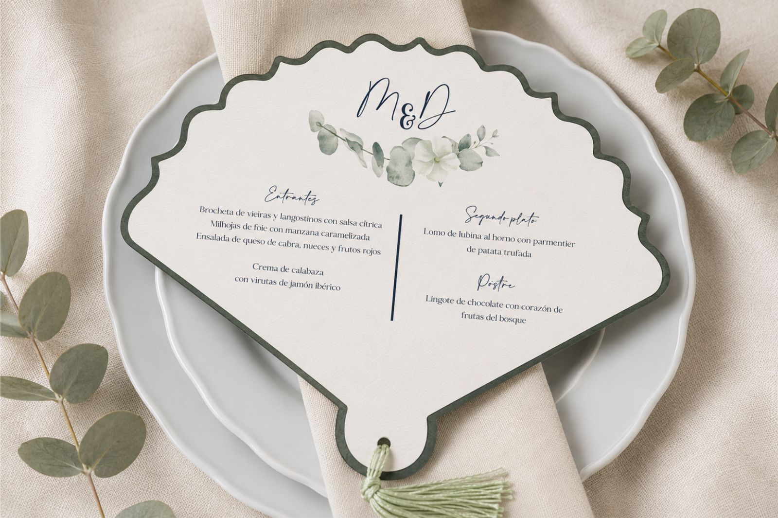 Abanico de boda con menú personalizado y dedicatoria - EUCALIPTO