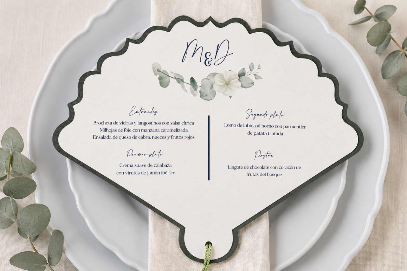 Abanico de boda con menú personalizado y dedicatoria - EUCALIPTO