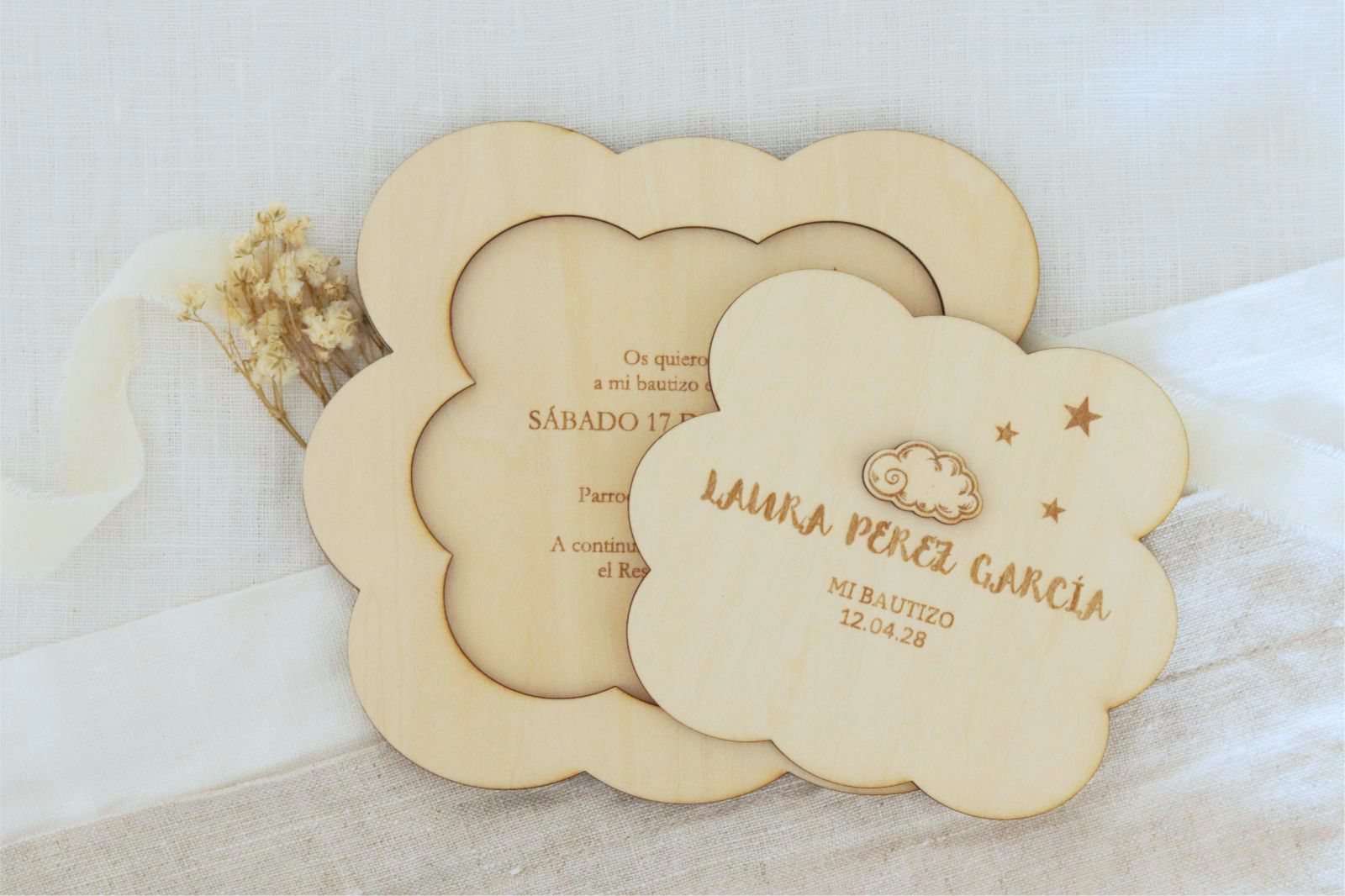 Invitación de madera natural - NUBE