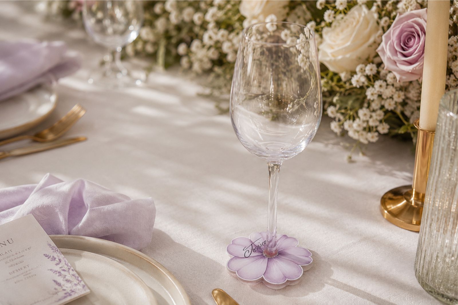 Marcacopas personalizados de flores para bodas