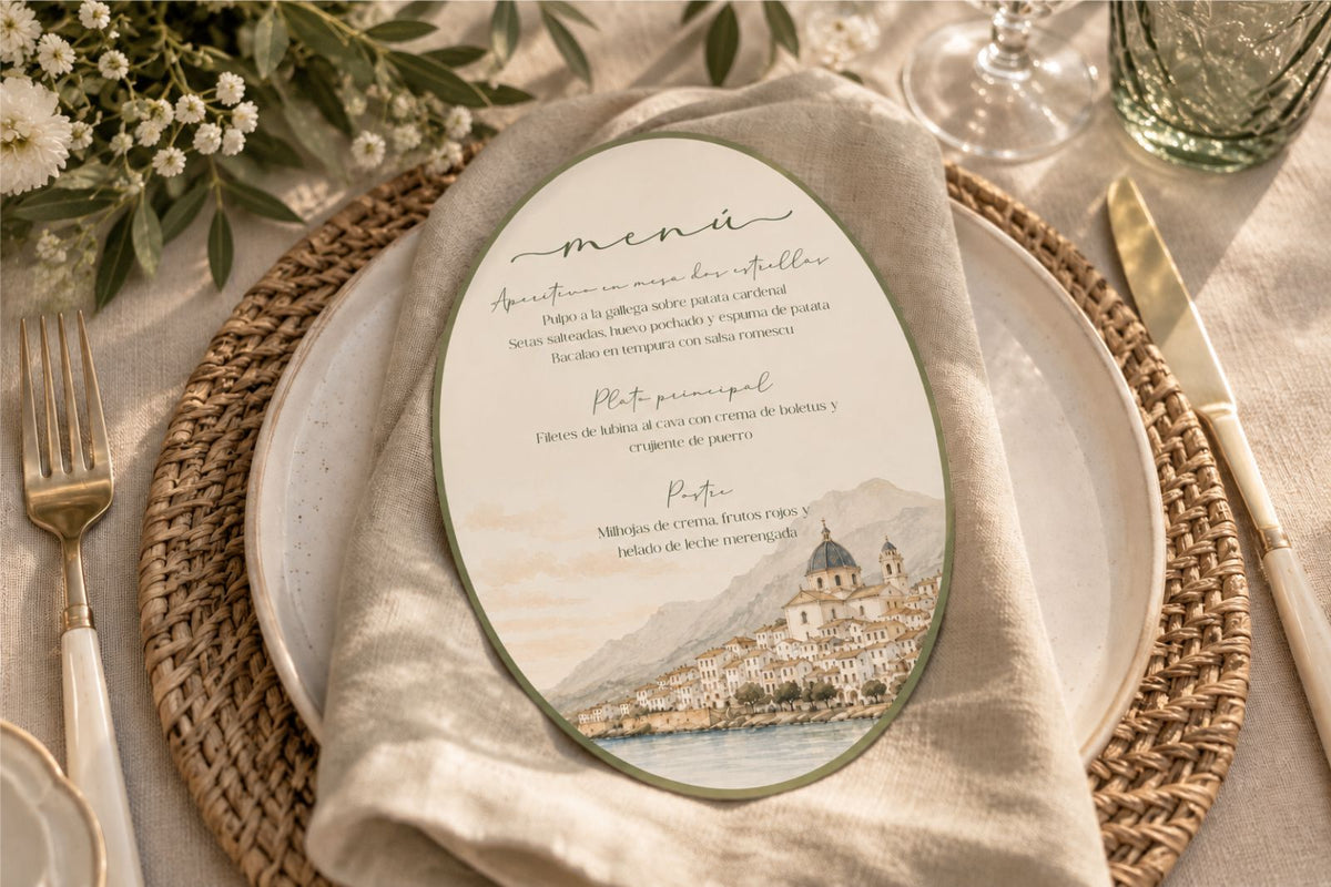 Menú de boda personalizado con la ilustración de vuestro pueblo