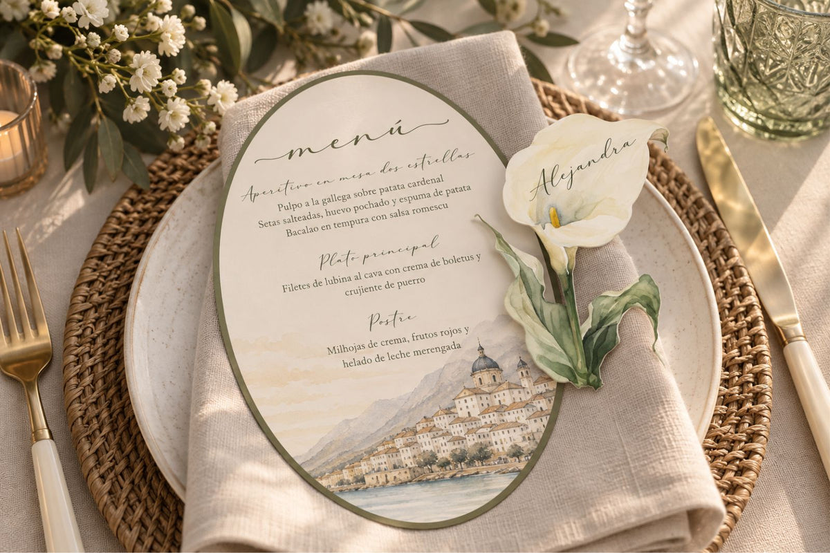 Menú de boda personalizado con la ilustración de vuestro pueblo