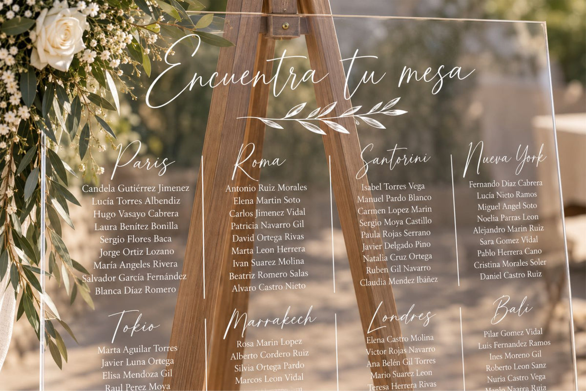 Seating plan de acrílico transparente con vinilo blanco