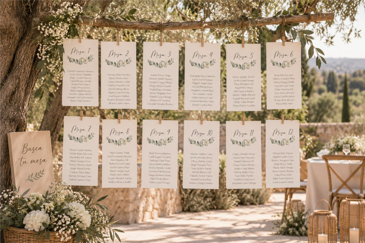 Seating plan de tarjetas Eucalipto para bodas