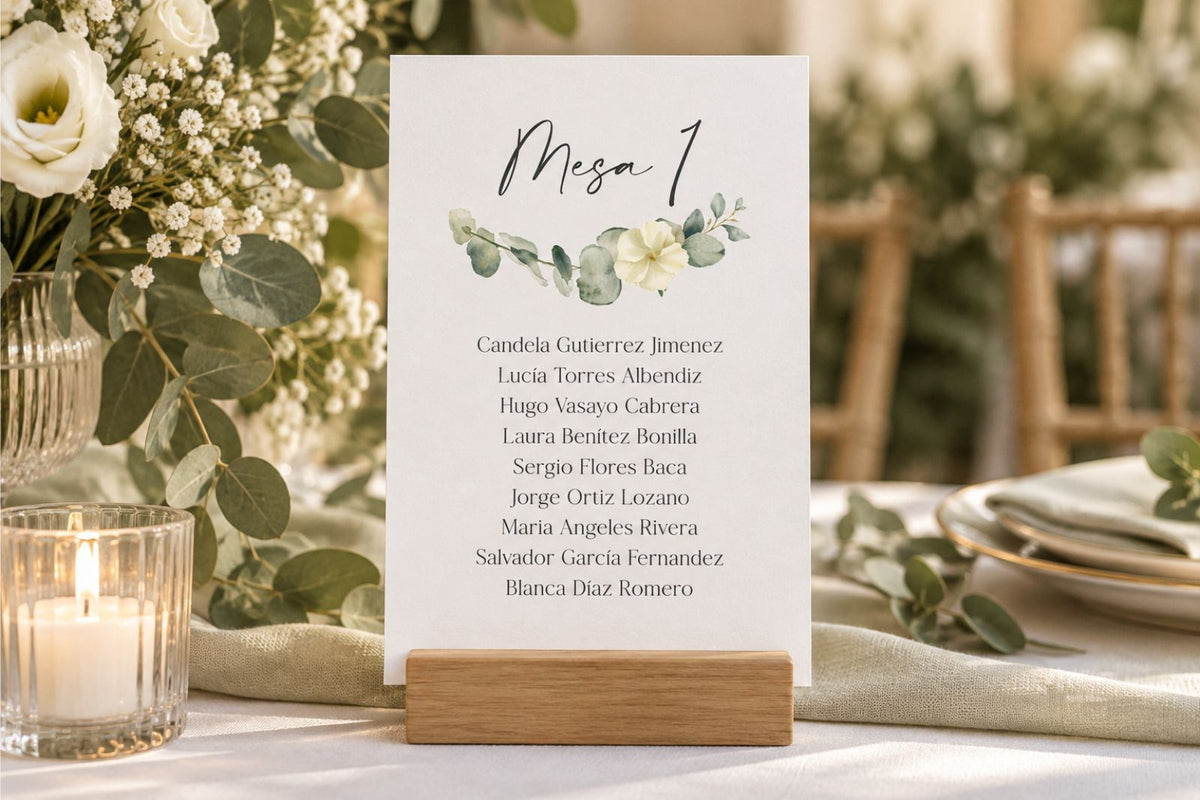 Seating plan de tarjetas Eucalipto para bodas